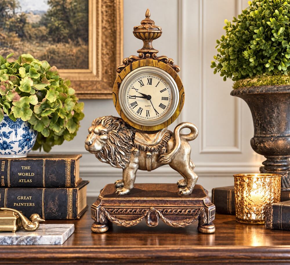Vintage Lion Mantel Clock, Ornate Resin Lion Clock